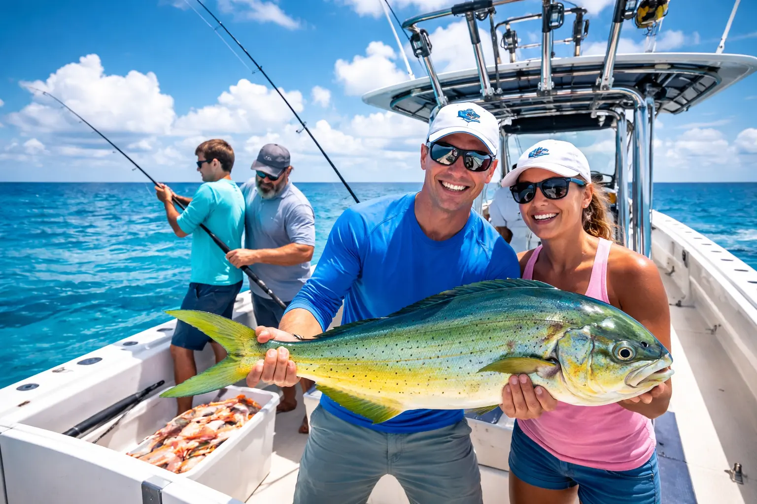 Sport fishing rod bent with a leaping fish beside a charter boat on deep blue open ocean during an exciting deep-sea fishing trip in Turks and Caicos with CWF.