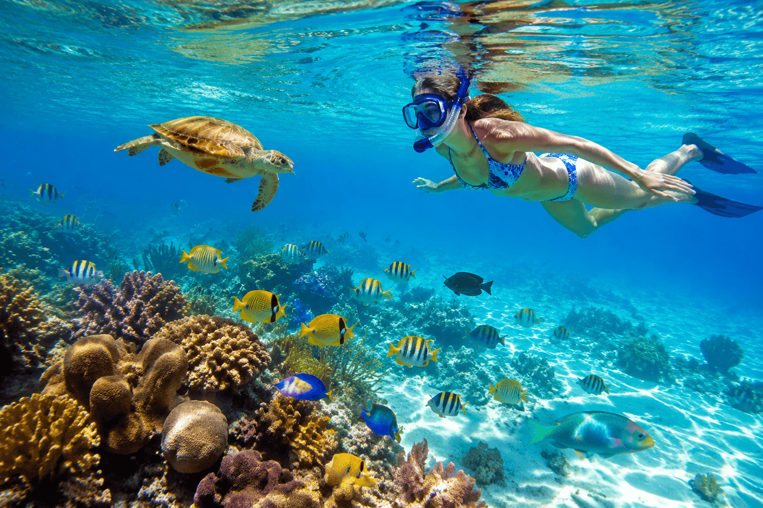 Snorkeler in blue bikini glides beside a sea turtle over a colorful coral reef with tropical fish nearby.
