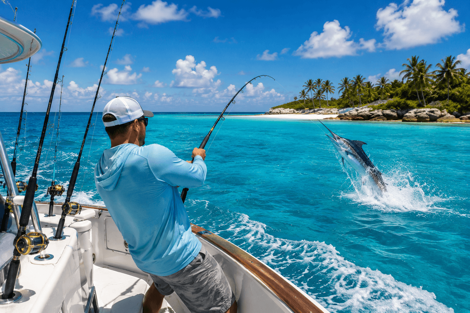 Angler battles a leaping blue marlin during a deep-sea fishing charter with Caicos Water Fun off Providenciales, Turks and Caicos.