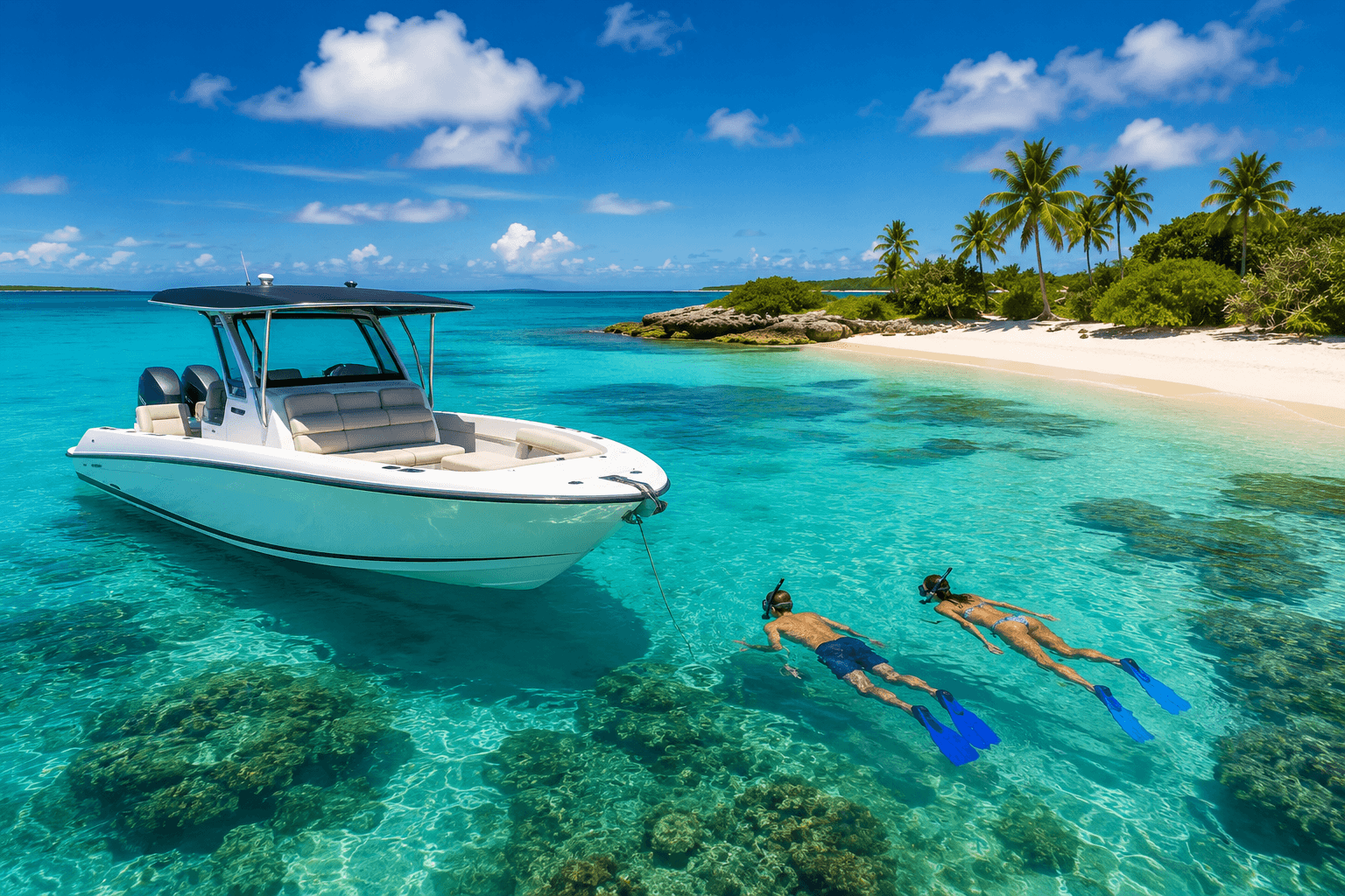 White motorboat anchored in crystal-clear turquoise water near a white-sand tropical beach with palm trees; two snorkelers swim nearby beneath a bright blue sky.